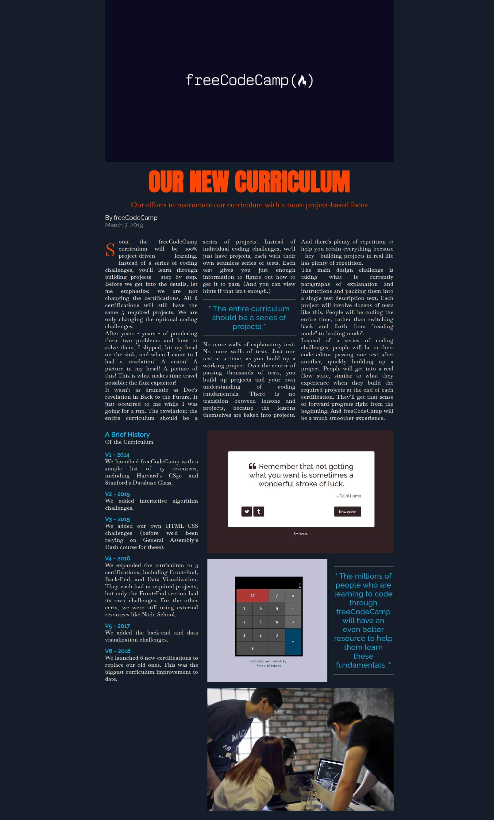 Preview of a responsive magazine article about freeCodeCamp's curriculum