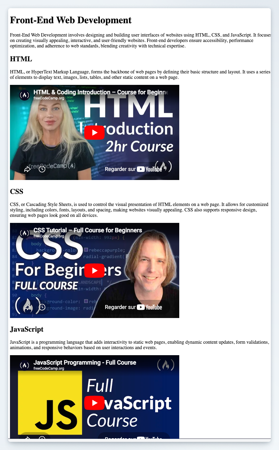 Preview of the front-end web development video compilation page