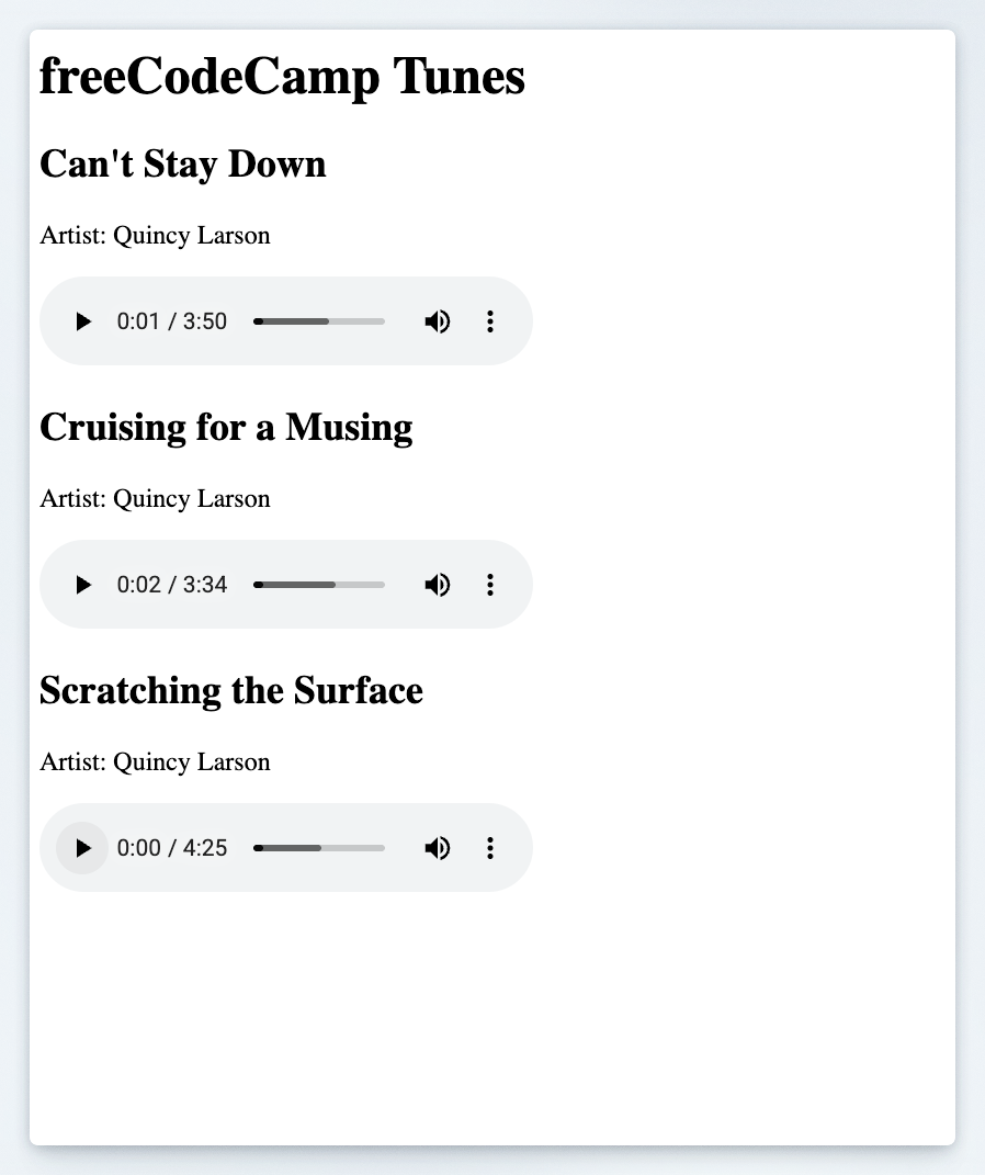 Preview of the freeCodeCamp Tunes music player