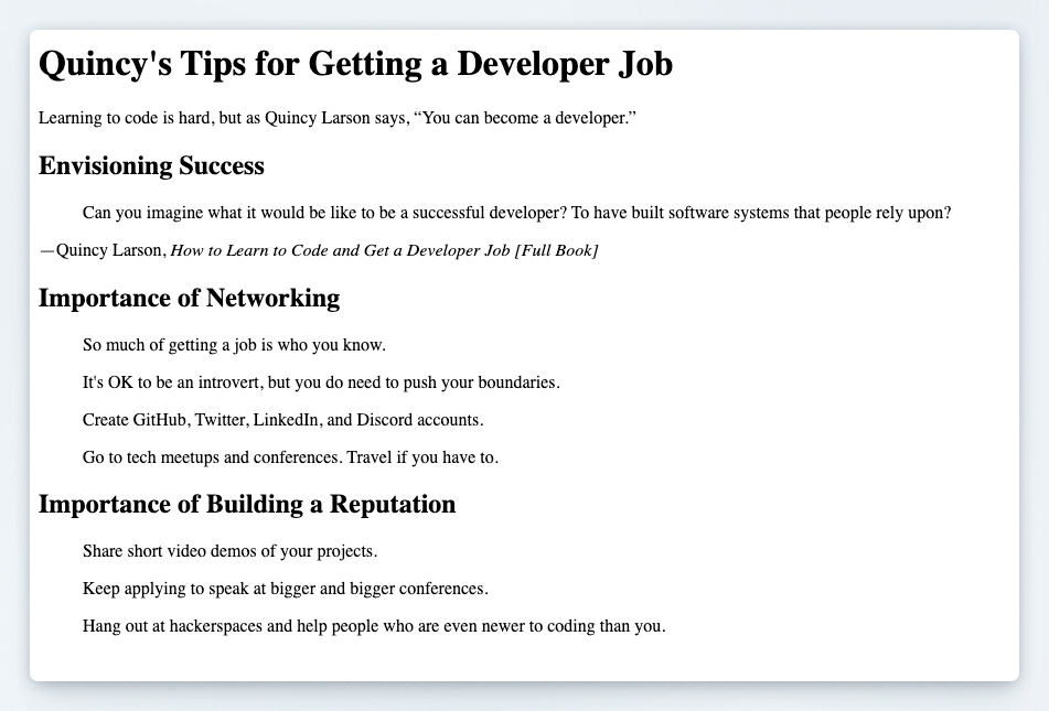 Preview of Quincy's developer job tips page