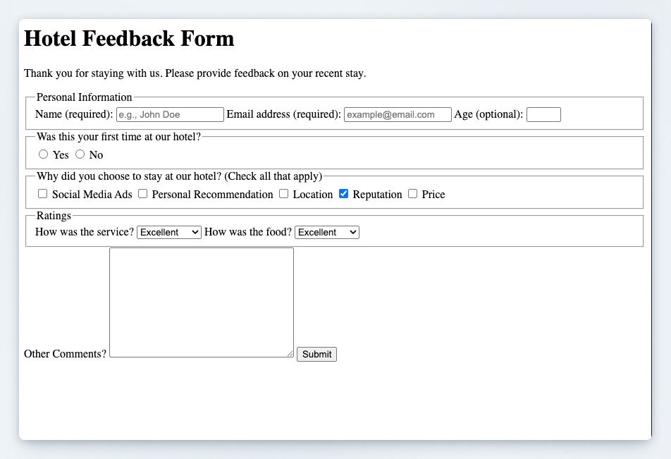Preview of the hotel feedback form