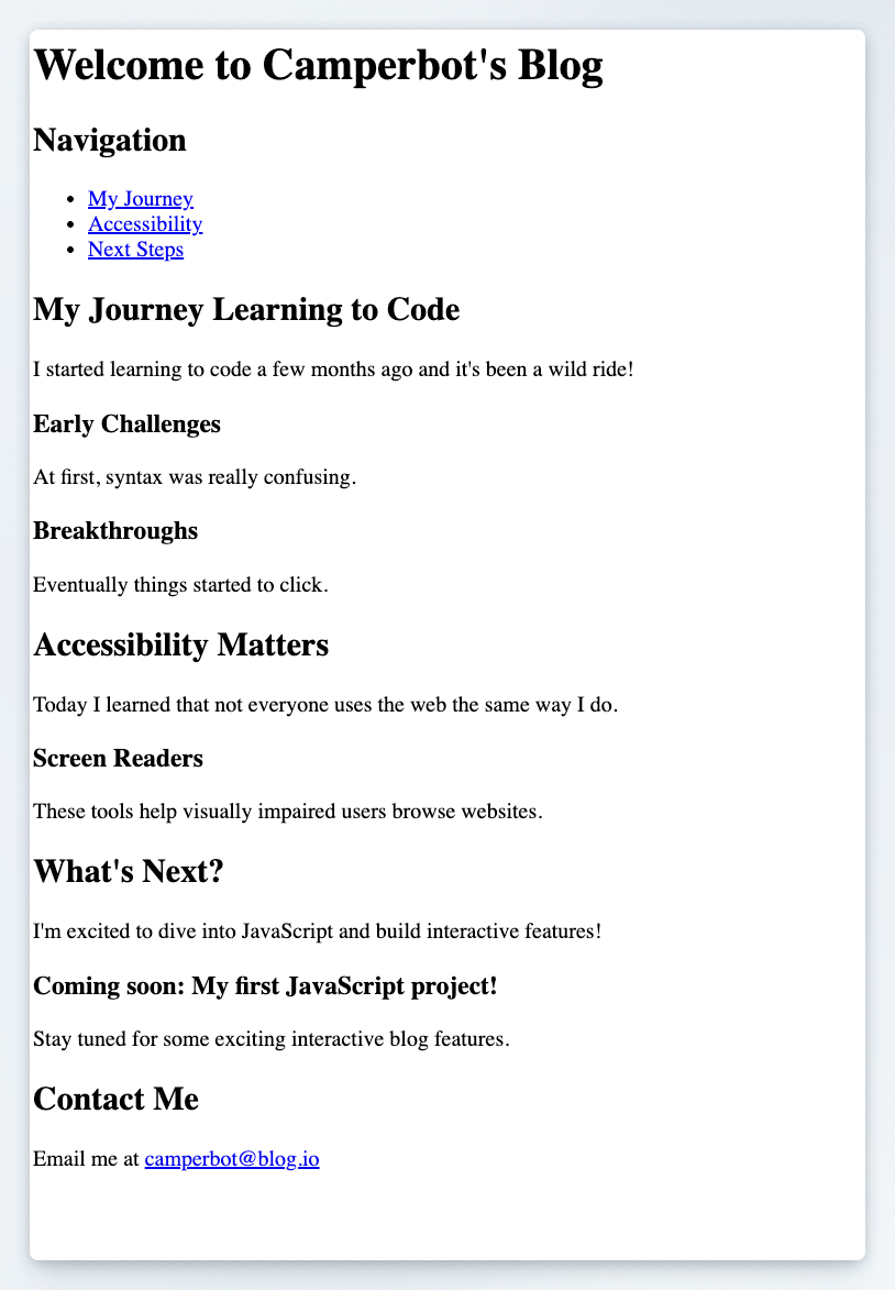 Preview of Camperbot's coding journey blog page
