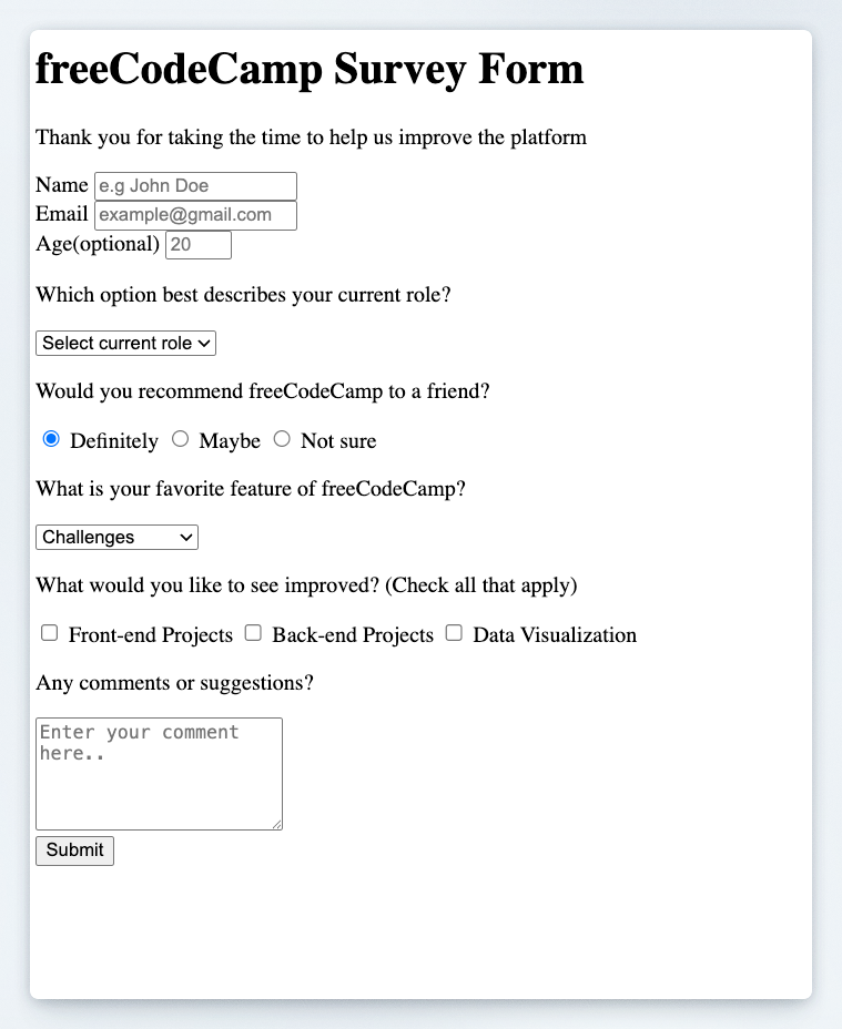 Preview of the freeCodeCamp survey form